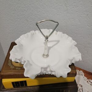 VTG Fenton Hobnail White Milk Glass Nut Candy Dish Handle Ruffled Edge Label